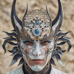 a person wearing a mask with horns and decorations