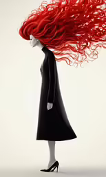 a woman in black dress and red hair with high heels