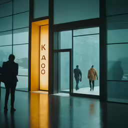 the reflection of two people and a neon sign reads kalo