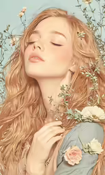 a beautiful young girl with long, flowing hair, holding flowers and staring to her side