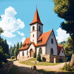 an old, white church with a red roof
