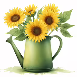 sunflowers and a watering can on a white background