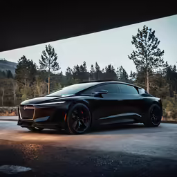 a black sports car sits in an empty parking space