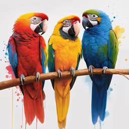 four parrots on a branch of a tree