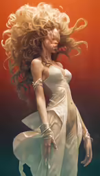 a model with very long blonde hair standing in a white dress