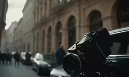 a car and camera in front of cars on the street