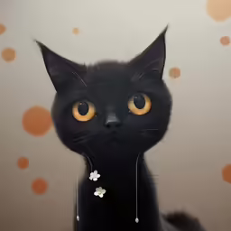 the cat has an orange eye and is wearing a flower