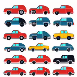 some colorful cars are shown together in this image,six different colored vehicles parked side by side
