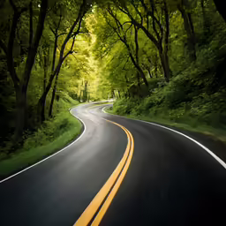 a winding asphalt road with yellow painted lines and green trees in the background