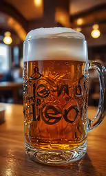 beer mug with beer sitting on the table in a restaurant