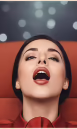 a woman sitting in an orange chair with her lips open