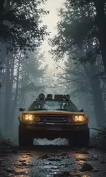 a vehicle with lights on driving in the forest