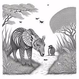 the zebra and the penguin are by each other,a pencil drawing of an elephant and bird
