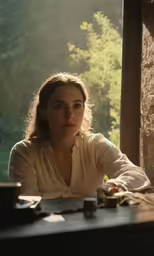 a beautiful young woman sitting at a table with a plate of food