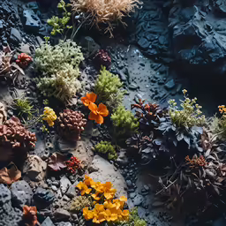 various plants and rocks with yellow flowers