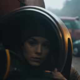 a woman looking through the side mirror of her vehicle
