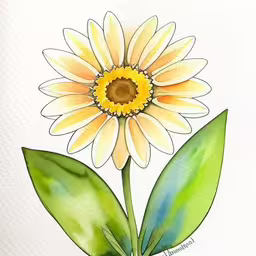 a painting of a flower with yellow petals,a drawing of a flower with a big yellow flower with a green leaf on it