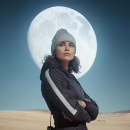 the woman in black coat and gray hat stands with her arms folded