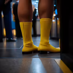 a man is wearing rain boots with a yellow outfit