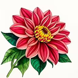 an image of a flower that is drawn on paper,a drawing of a large red flower with green leaves,an image of a flower that is on a paper,this is a watercolor drawing of a large, red and yellow flower,a pink flower is on display with green leaves