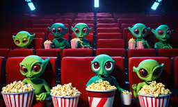 four small green alien characters are eating popcorn,a row of alien movie characters in cinema