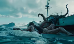two women lying on a mattress next to an old ship