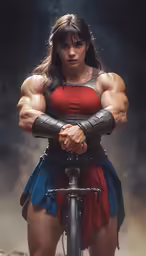 a female bodybuilded with massive muscles is posed on a bike