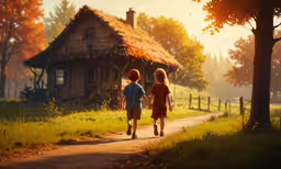 two children walking along a dirt road past a house,two children walking in front of their house in a rural scene