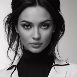 a woman with black hair and eyes, dressed in a suit