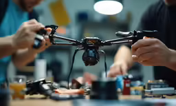 two hands are holding the controls for a small drone