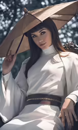a woman in a white dress wearing an umbrella hat