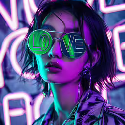 woman with neon sunglasses in front of a wall,an image of a woman with sunglasses that say love
