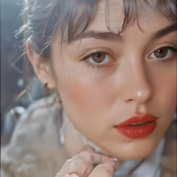 a woman with wavy hair and orange lipstick is wearing a white shirt