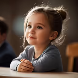 a girl sitting at a table, with her arms folded