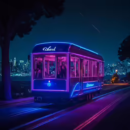 a light rail train rides through the city at night