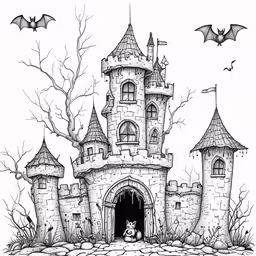 a castle in halloween coloring pages with bats flying above