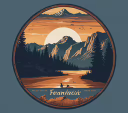 an illustration of a river near mountains and trees,the vintage poster depicts a beautiful mountain scene