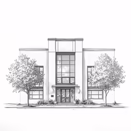black and white drawing of an exterior view of a two - story building