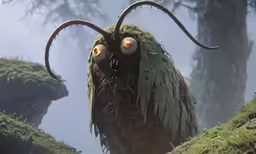 a strange looking creature with big yellow eyes and long horns