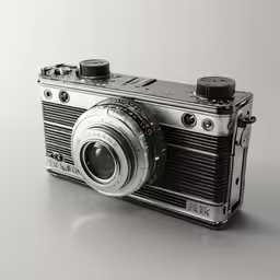 an old camera sitting on a white surface