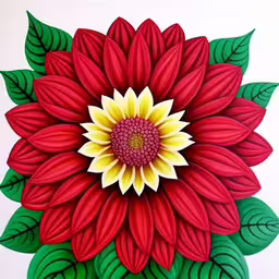 painting of a flower made out of paper,a painting of a flower with leaves on a white surface,a red flower with leaves surrounding it,the colorful flower is in full bloom,a painting of a flower with large green leaves