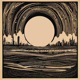 a black and white drawing of trees and water,an illustration of a sun in the ocean with trees and clouds