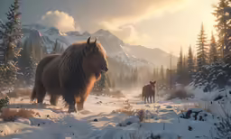two big furry animals standing in the snow