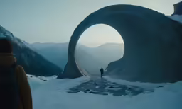 two people standing in the snow by an icy tunnel