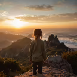 a young child stands in front of the ocean at sunset