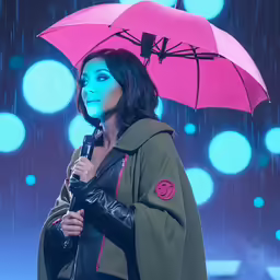 a woman in a raincoat holding an umbrella
