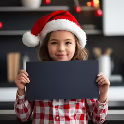 young girl holding up a blank sign in a christmas scene