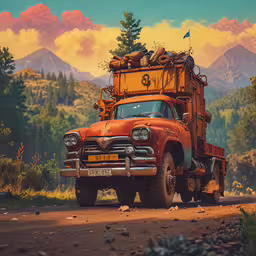 a truck parked on the side of a dirt road near trees,an old rusted red truck with a load on top