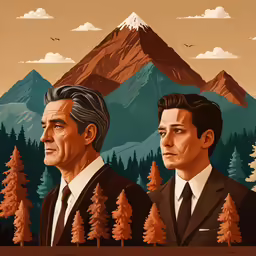 two men in suits with mountain background