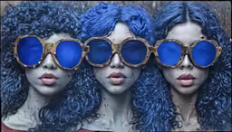four woman with blue hair are wearing goggles